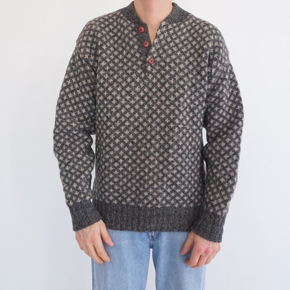 Vintage Eddie Bauer Gray Wool Birdseye Henley Button Knit Preppy Sweater Medium